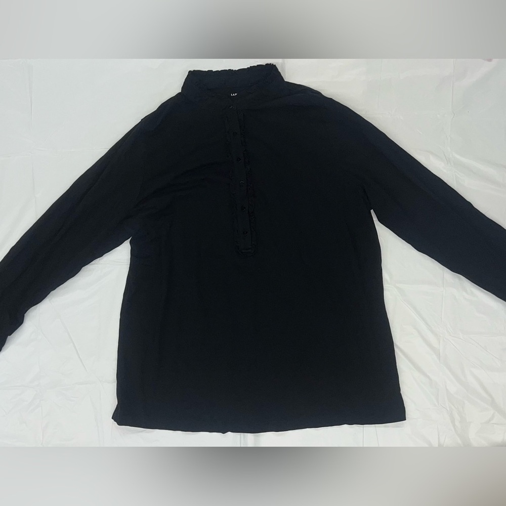 LANDS END Women’s XL Navy Floral Ruffle Blouse Top Long Sleeve Shirt 100% Cotton